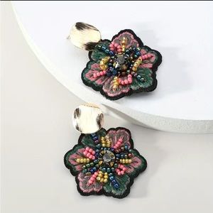 Embroidered flower beaded earrings